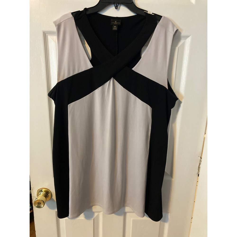 Worthington Woman Blouse 2X Black Gray Colorblock‎ Cold Shoulder Criss Cross Top